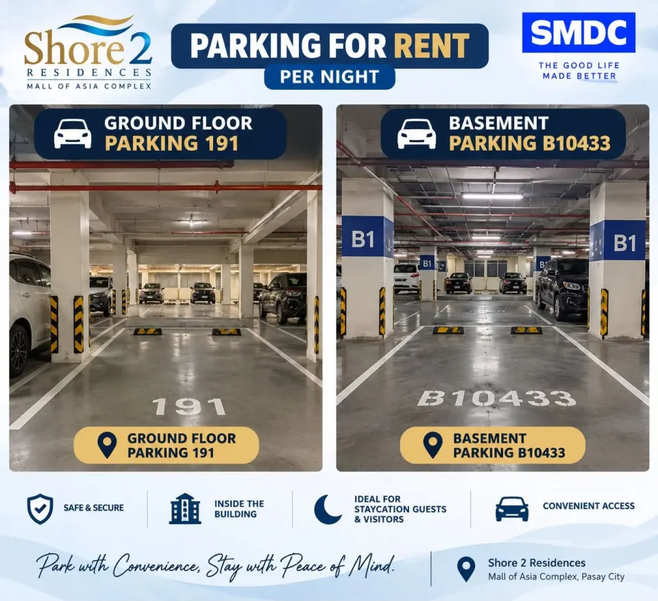 Parking for rent per night at Shore 2 Residences: ground floor slot 191 and basement slot B10433